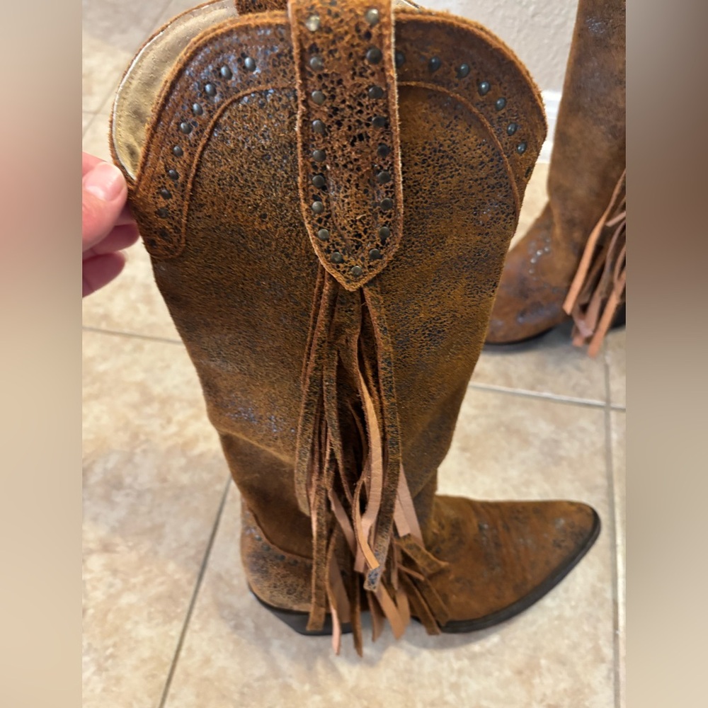 Idyllwind Brown Distressed Leather Fringe Western Knee-High Boots - Picture 5 of 7